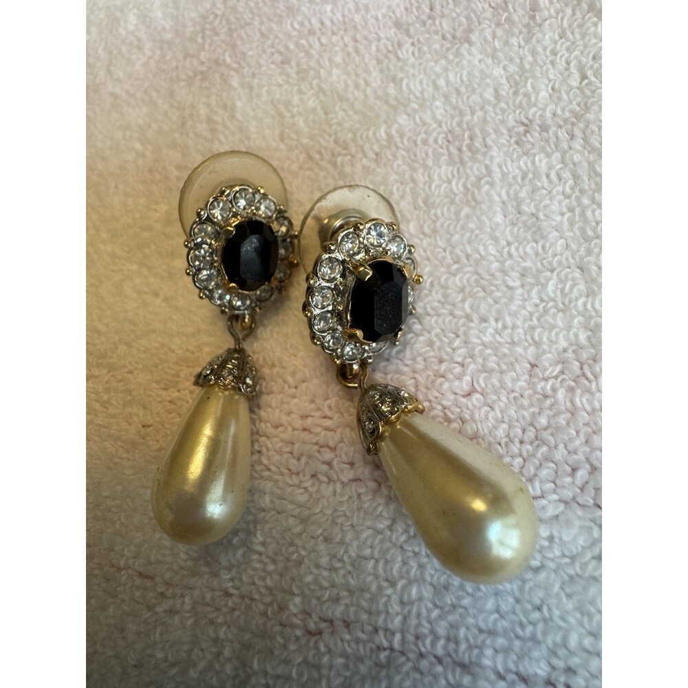 Vintage Gold Faux Pearl Teardrop Dangle Earrings Black Stone Rhinestones